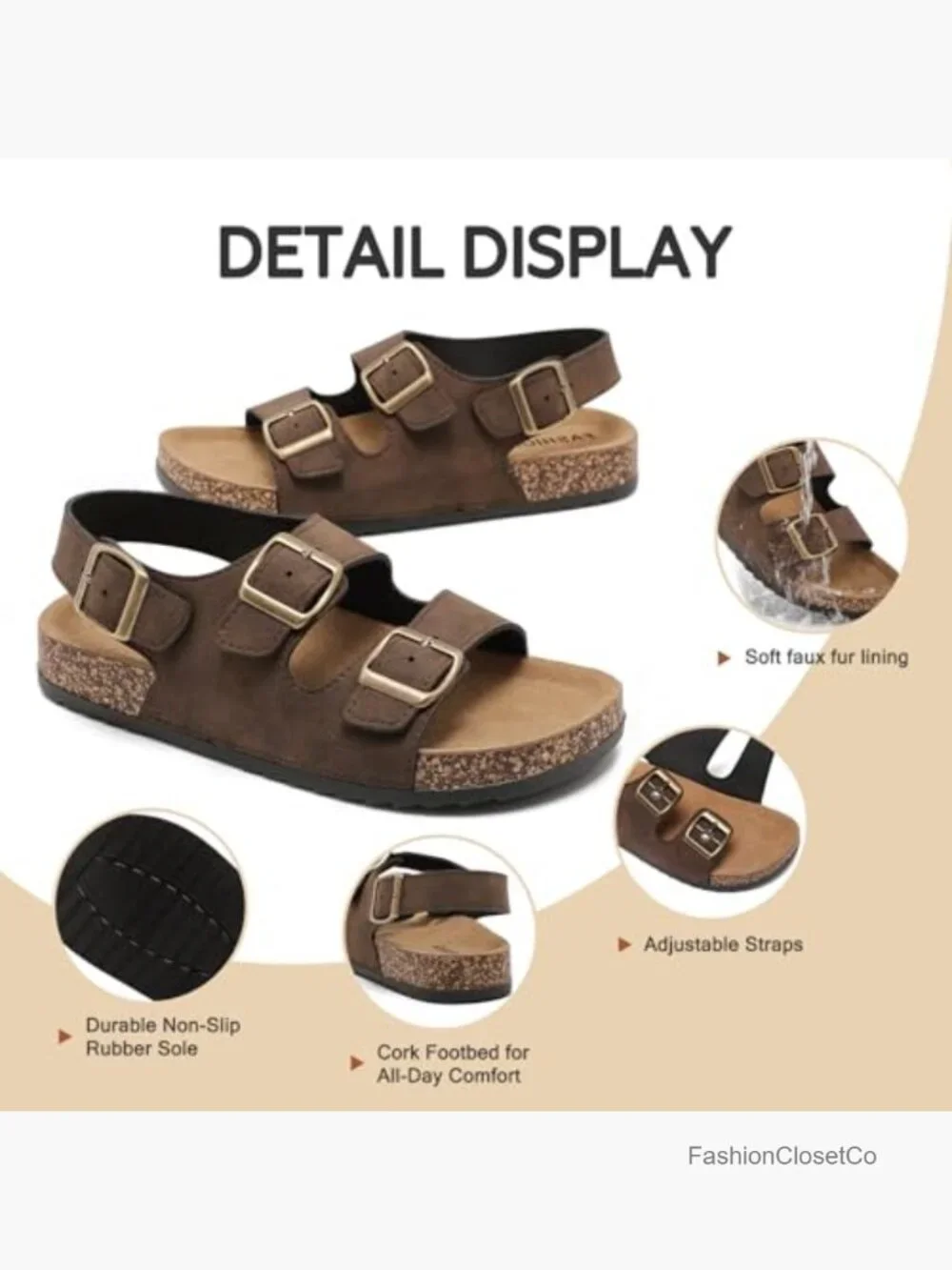 Adjustable Double Buckle Arch Support Cork Sandals with Back Strap Orthotic - Picture 4 of 6